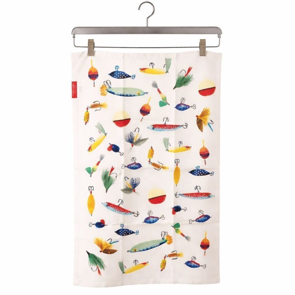 Stonewall Kitchen Fishing Lures Tea Towel NWT Cotton Lodge Cabin Kitchen Decor